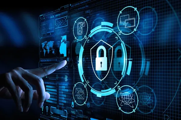 Biểu tượng bảo mật dữ liệu GDPR với khóa và lá chắn trên nền vàng và xám, tượng trưng cho sự an toàn của shbet nổ hũ.